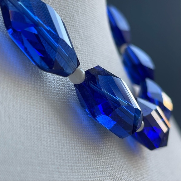 Chunky Faceted Oval Blue Glass Mother Of Pearl Bead Spacer 925 Clasp Necklace - Picture 5 of 14